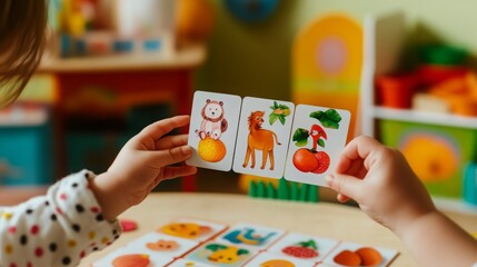 Children engaging in a fun learning activity with colorful flashcards in a bright classroom environment