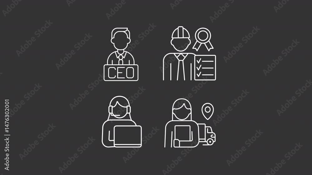 Poster company structure animation set. corporate hierarchy animated white line icons. qa manager, ceo. cus