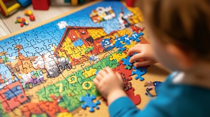 Child focused on assembling colorful puzzle featuring a farm scene indoors on a playful surface