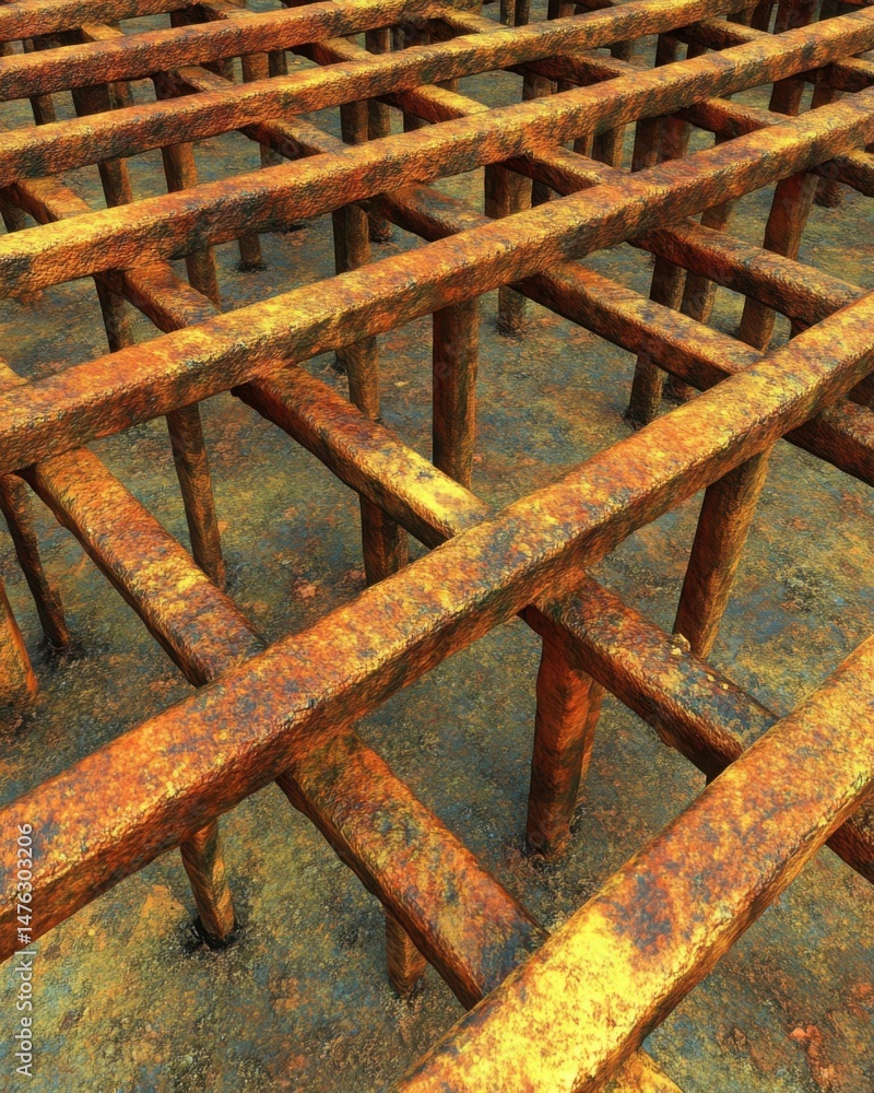 Poster abstract close-up of rusted metal grid structure in perspective view showing texture and corrosion f