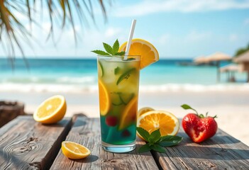 Refreshing summer beverage on rustic wood, beach backdrop,  yellow,  sunny day