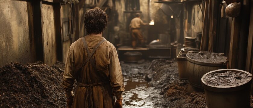 Man in Dirty Apron Walking in Muddy Blacksmith Shop Back View Moody Lighting Industrial Setting