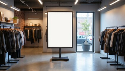 Stylish retail space showcases a central display board surrounded by organized clothing racks, highlighting a contemporary shopping atmosphere