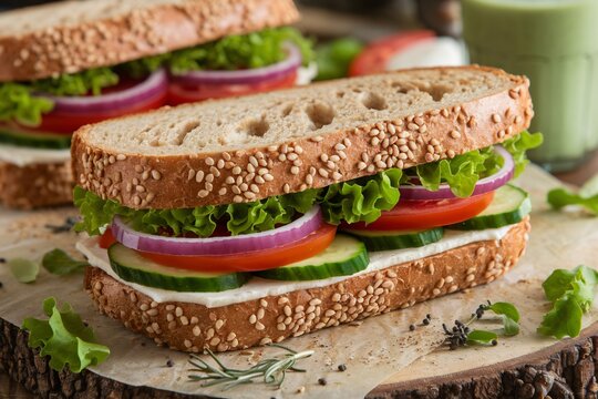 Fresh sandwich with multigrain bread, vibrant vegetables, and creamy spread, perfect for a healthy meal.