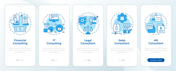 Fototapeta na wymiar Consulting services blue onboarding mobile app screen. IT infrastructure. Walkthrough 5 steps editable graphic instructions with linear concepts. UI, UX, GUI. Montserrat SemiBold, Regular fonts used