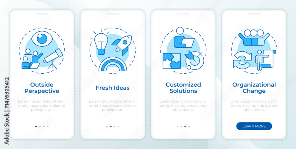 Poster business consulting blue onboarding mobile app screen. work organization. walkthrough 4 steps editab