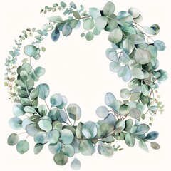 A soft, pale green eucalyptus wreath with white background.