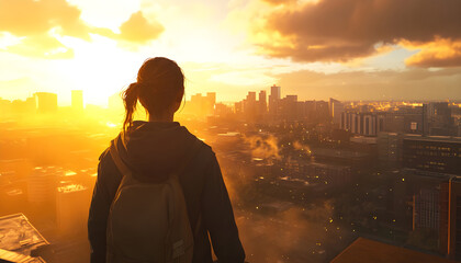 Fototapeta premium A person standing on a rooftop or high point, overlooking a modern American city at golden hour the person is seen from behind, arms relaxed, wearing casual urban clothes