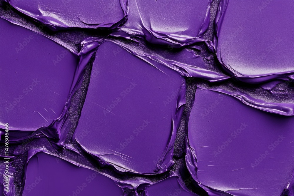 Poster extreme close-up of purple paint strokes with glossy texture and dark grout lines in an abstract pat