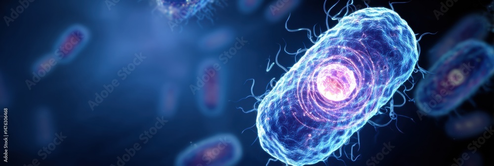 Aufkleber Glowing Bacteria With Illuminated Nucleus on a Vivid Blue Background Highlighting Microscopic Life in Detail