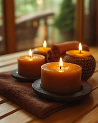 Several burning candles and spa elements create a relaxing peaceful setting