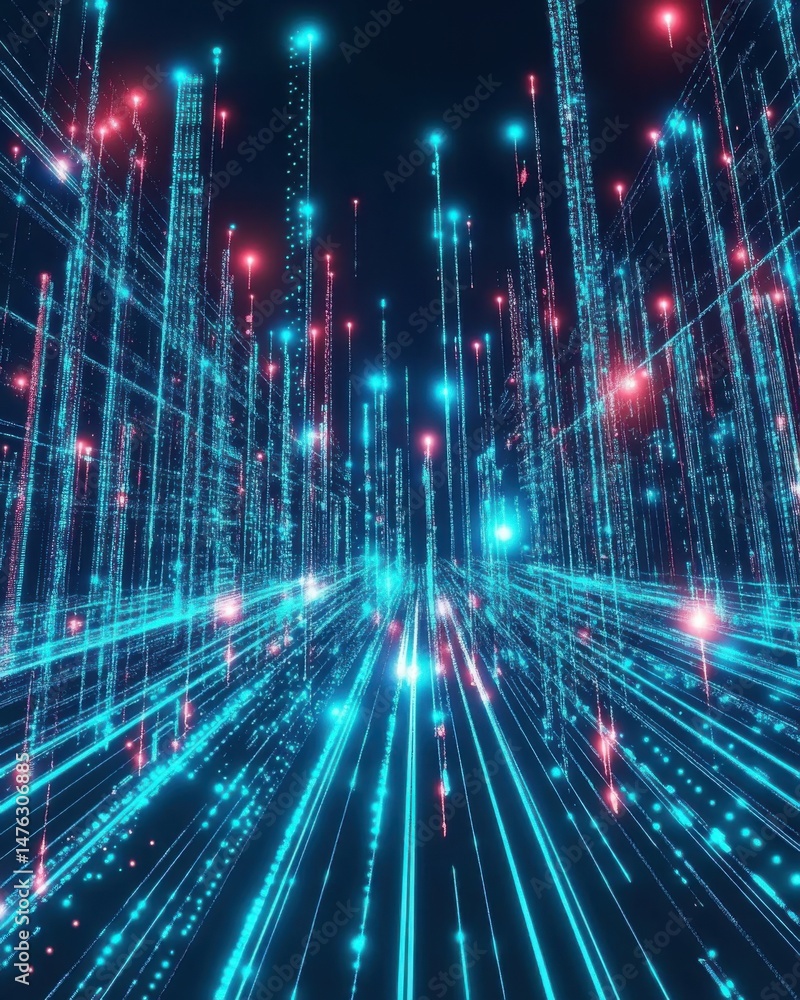 Poster futuristic digital city abstract perspective view with glowing neon lights and data streams in cyber