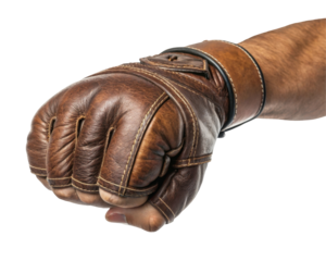 Close Up of a Brown Leather Boxing Glove Clenching in a Powerful Fist Against Transparent Background