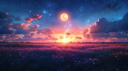 Naklejka premium Stunning display of multi-coloured Tien Shan dandelions under a starry night sky with a crescent moon