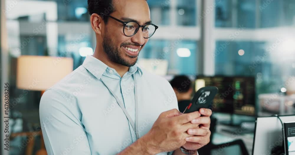 Fototapete Business man, smile and programmer with phone in office for software development, network or update. Online, coder and mobile app developer with AI design, creative and typing message for project