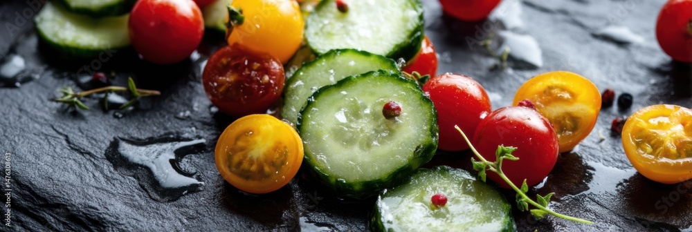 Aufkleber freshly sliced cucumbers and vibrant cherry tomatoes arranged on a slate surface ready for a healthy