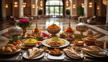 Indian buffet table setup in a luxury hotel