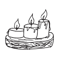 black and white hand-drawn doodle of three burning candles placed on a rustic wooden tray. for in seasonal greeting cards, Scandinavian-themed designs, printables,autumn, winter, or holiday visuals.