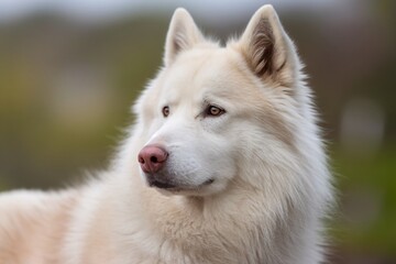 Fototapeta premium A majestic white male Siberian Husky with striking eyes, looking thoughtfully into the distance.