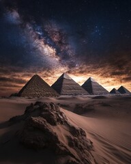 Majestic Pyramids of Giza under a Starry Night Sky; Wide Angle View of Ancient Egyptian Wonders in Sandy Desert