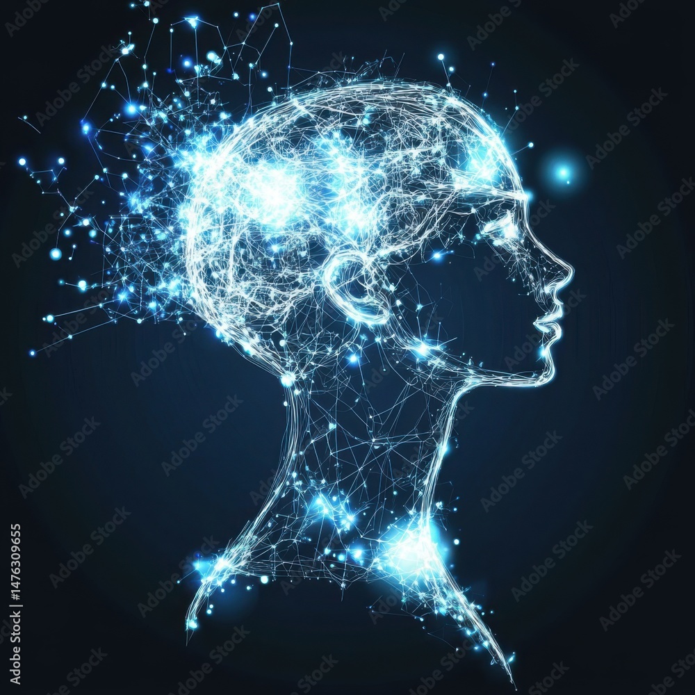 Poster digital human head profile with glowing network connections representing artificial intelligence and