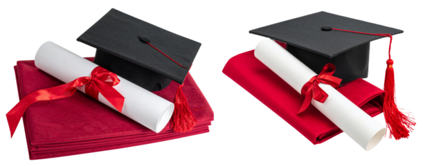 Black cap with red tassel and red blanket. The graduation cap is placed on top of the diploma scroll, which has been tied with an elegant ribbon. Isolated object on a transparent background