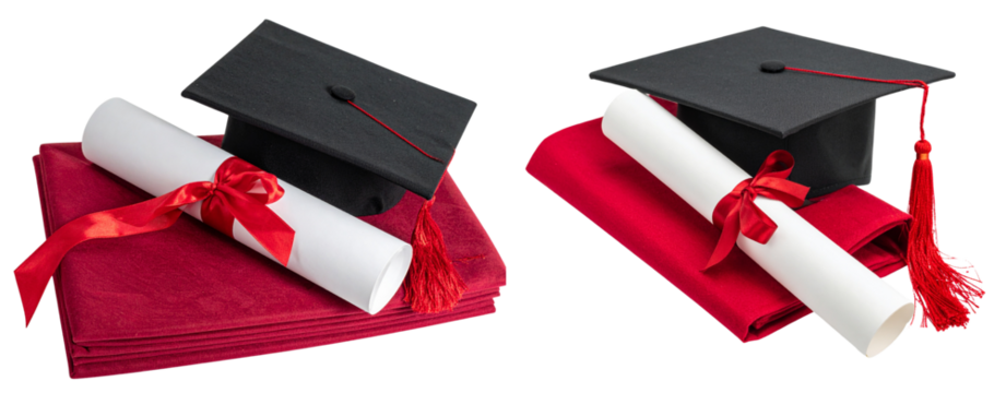 Black cap with red tassel and red blanket. The graduation cap is placed on top of the diploma scroll, which has been tied with an elegant ribbon. Isolated object on a transparent background