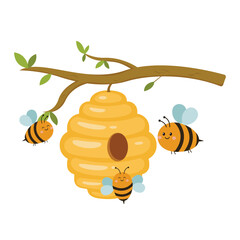 Vector illustration of honey beehive hanging on a tree branch with bees flying around.