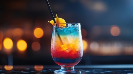 Colorful cocktail served in elegant glass with vibrant layers garnished with fruit on a dark bar counter