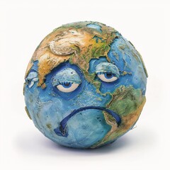 A whimsical, anthropomorphized Earth with a downturned mouth and blue eyes, conveying a sense of sorrow and dejection.
