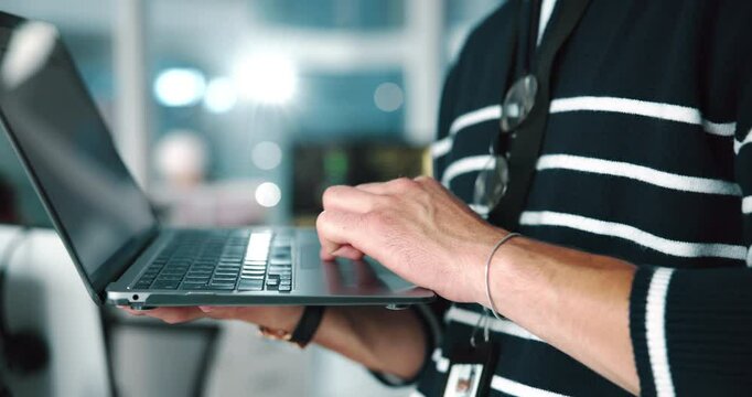Man, typing and hands coding on laptop for software development, network or database update. Online, programming and backend developer with PC for design, creative website and test project in office