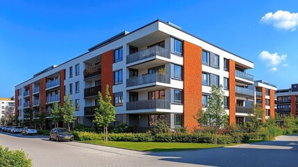 Fototapeta premium Elegant apartment facade with brick detailing and panoramic views. Suburban community, modern comfort.