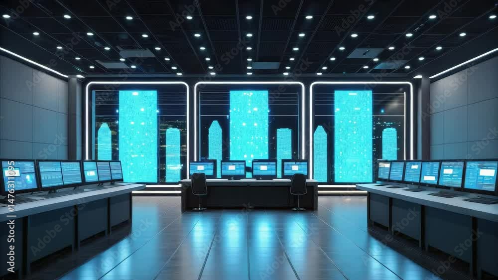 Poster a futuristic command center featuring voice control technology and advanced management systems.