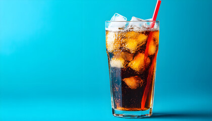 Soda water with ice cubes in glass on blue background