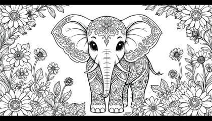 Ornate Elephant Mandala Coloring Page  Floral Design  Adult Coloring Book   Zentangle   An