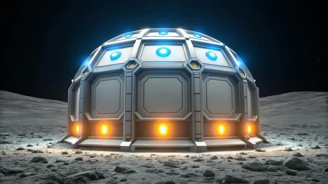 Futuristic moon base featuring fusion reactors for sustainable life in a cosmic environment.