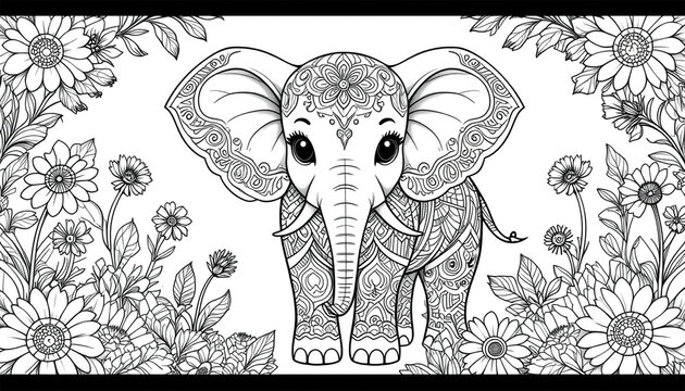 Ornate Elephant Mandala Coloring Page  Floral Design  Adult Coloring Book   Zentangle   An