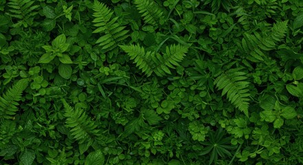 Fototapeta premium Verdant Veil Lush Ferns and Clover Carpet Forest Floor with Overhead View.