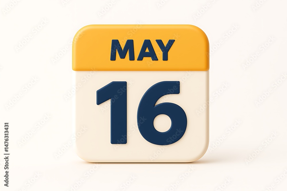 Poster a stylish 3d render of a calendar displaying the month of may and date of the sixteenth
