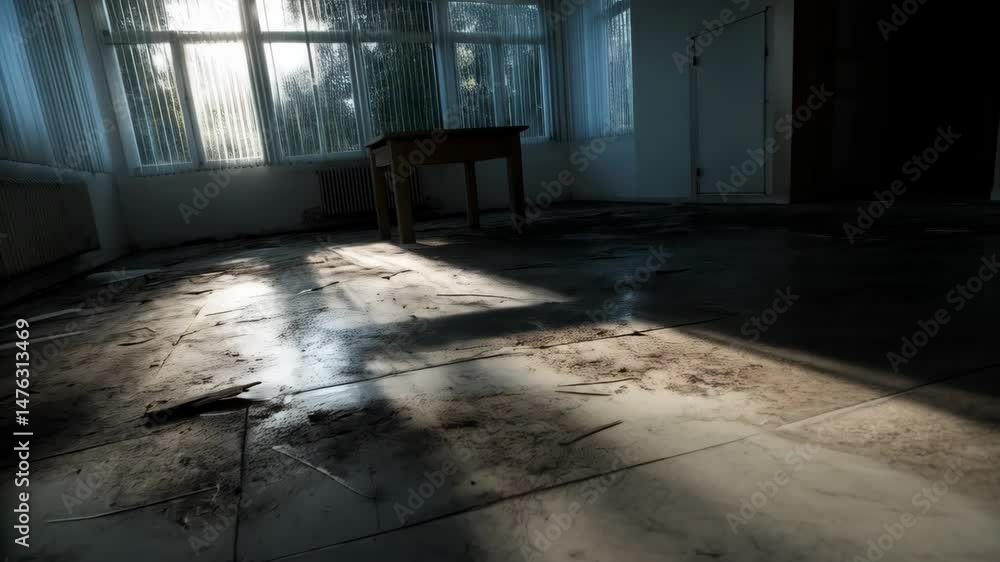 Poster empty room with large windows, casting bright light onto the damaged tile floor and a simple wooden 