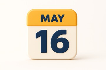 A stylish 3d render of a calendar displaying the month of may and date of the sixteenth