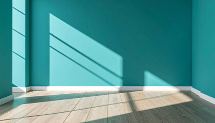 Empty Teal Room with Sunlight and Wood Flooring