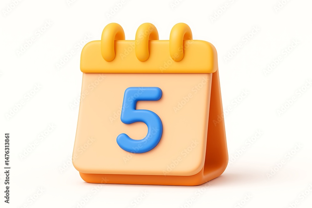 Poster cartoon styled calendar icon displaying the number five on a plain isolated white background