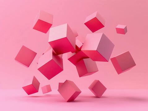 Pink cubes in various sizes and orientations float against a pink background, creating a visually appealing and minimalist 3D rendering.