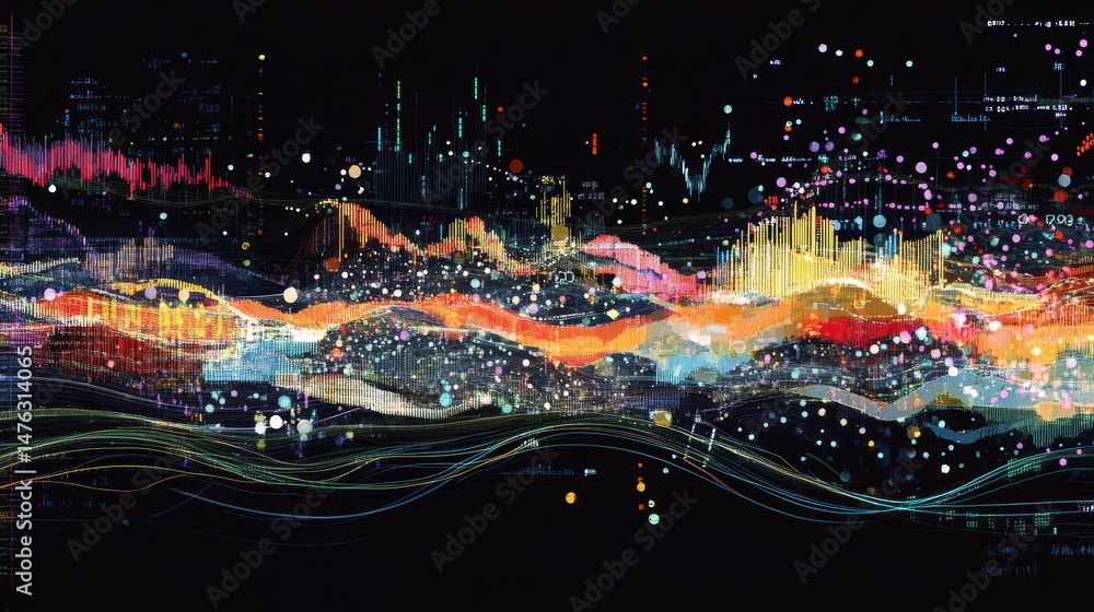 Poster Abstract digital landscape with colorful waves, data points, and glowing lines on a black background.