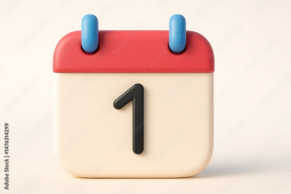 Poster a modern 3d rendered calendar showing the first day of the month in a cute and minimalistic design