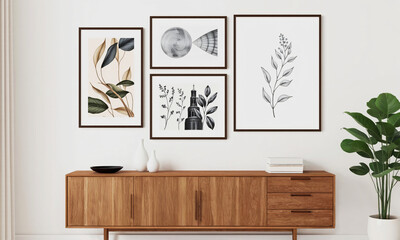 Stylish gallery wall with 4–6 assorted framed artworks abstract and botanical prints Generative AI