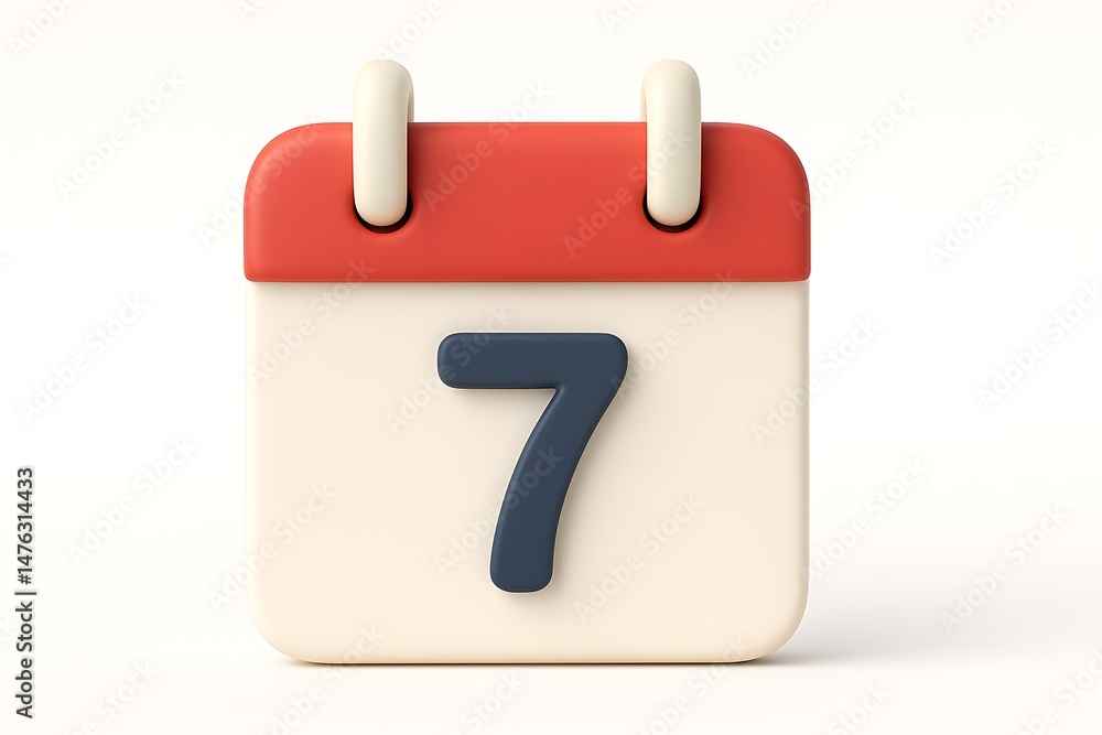 Poster 3d rendered calendar icon displaying the number seven against a clean white background for design el