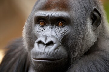 Obraz premium Close-up of a male gorilla's face with intense gaze and soft light illuminating details.