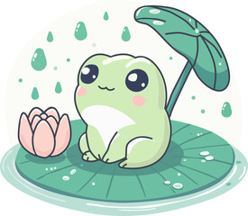 Cute Frog Sitting on Lotus Leaf in the Rain - Flat Vector Illustration